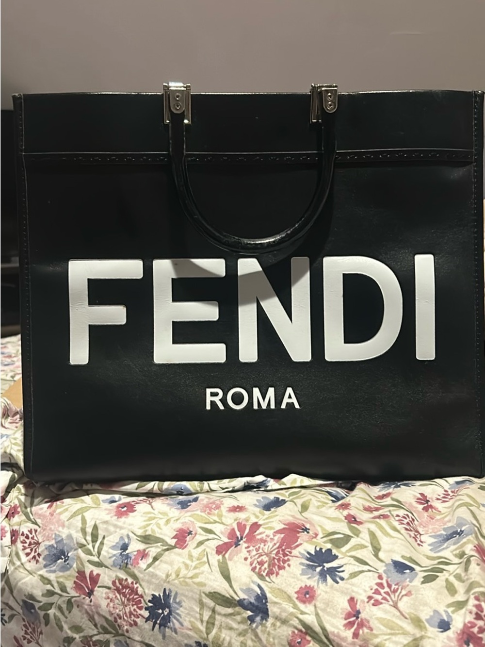 Fendi Black Leather Tote with White Logo